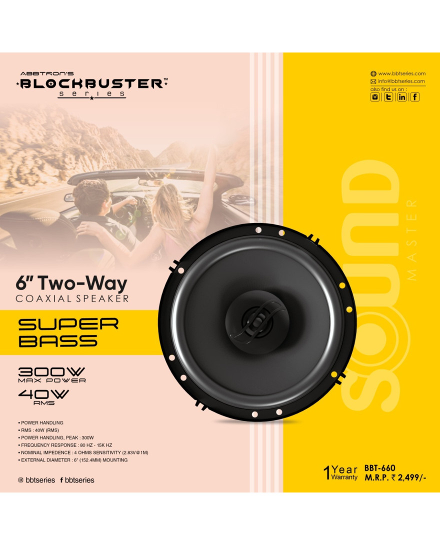 Block Buste BBT 660 | 06 Inches Two Way Co Axial Speakers RMS 40 Watts | Super Bass